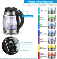 FOR ME Glass Electric Kettle 1.8 L, Temperature Control, Temperature Selection 40 °C to 100 °C, 7 Colours LED-Lighting, Warm-Keeping Function, BPA-Free — фото 2