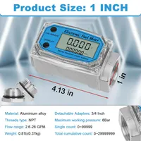 1" 2.6-26 GPM Inline NPT Thread Flowmeter, Digital Turbine Fuel Flow Meter, for Water, Diesel, Gas Oil, Gasoline, and Other Liquids - Supports Gallon, QTS, PTS, L, m³ with 3/4 in Adapters — фото 6