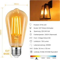 Вінтажні LED лампи Defurhome E27 ST58 (5 шт), 6W (60W), 700лм, Теплий Білий 2500K, філаментні
