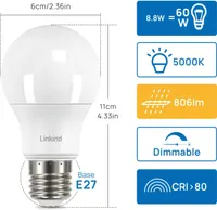 Linkind 6-Pack LED E27 Edison Screw Dimmable Light Bulb, 8.8W (Equivalent to 60W), Classic Globe A60 Daylight 4000K, AC220-240V, 806Lumen,Pack of 6 — фото 4