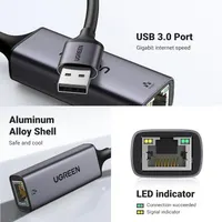 Мережевий адаптер Ugreen USB-A to Gigabit Ethernet RJ45, LAN 1000 Мбіт/с, алюмінієвий корпус, сірий