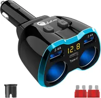 Cigarette Lighter Splitter: USB C 12V Car Charger Adapter 2 Socket Type C Multi 12 Volt Power Outlet 24V DC 80W with LED Voltmeter Switch 6.3A Dual USB Port for Mobile Cell Phone GPS Dash Cam