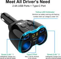 Cigarette Lighter Splitter: USB C 12V Car Charger Adapter 2 Socket Type C Multi 12 Volt Power Outlet 24V DC 80W with LED Voltmeter Switch 6.3A Dual USB Port for Mobile Cell Phone GPS Dash Cam — фото 4