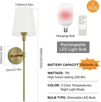 Aipsun 5500 mAh Wireless Battery Wall Light with Remote Control, 2 Pieces Rechargeable Wall Light, Dimmable, Wall Lamp Battery for Living Room with Bulb, Battery Wall Lights Indoor with Fabric Shade — фото 5