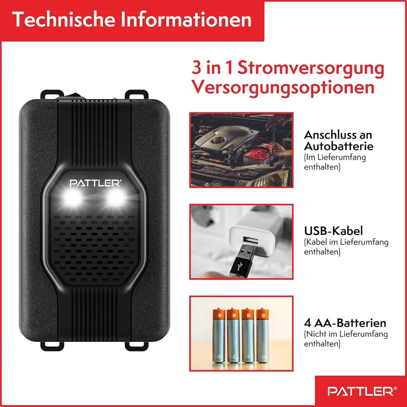 Ультразвуковий відлякувач куниць PATTLER для авто з LED спалахом, 12V/USB/AA