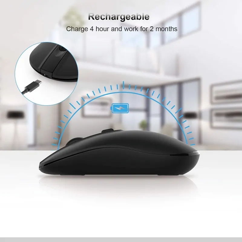 Rechargeable Wireless Mouse, 2.4G & Bluetooth Mouse Slim Portable Cordless Ergonomic Mouse for Laptop, PC, Computer, Windows Android OS Tablet (Black)