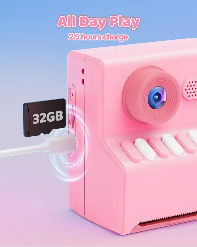 Детский фотоаппарат HODDRCCN с печатью 1080P карта 32GB 3 рулона бумаги розовый