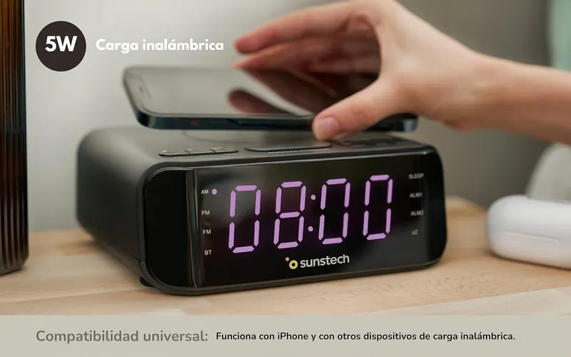 Радіо будильник Sunstech Bluetooth FM USB бездротова зарядка 5W годинник настільний