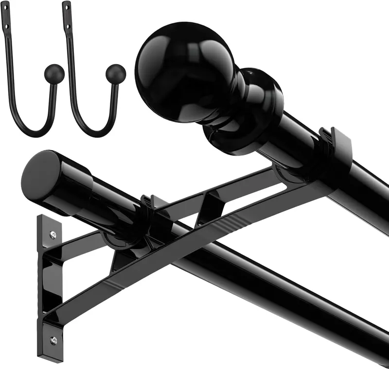 Double Curtain Rods 28 to 145 Inch Black 1 Inch Heavy Duty Dual Curtain Rod Set for Windows Drapery Rod Splicing Rods Adjustable Decorative Curtain Rod for Bedroom, Window, Patio, Sliding Glass Door