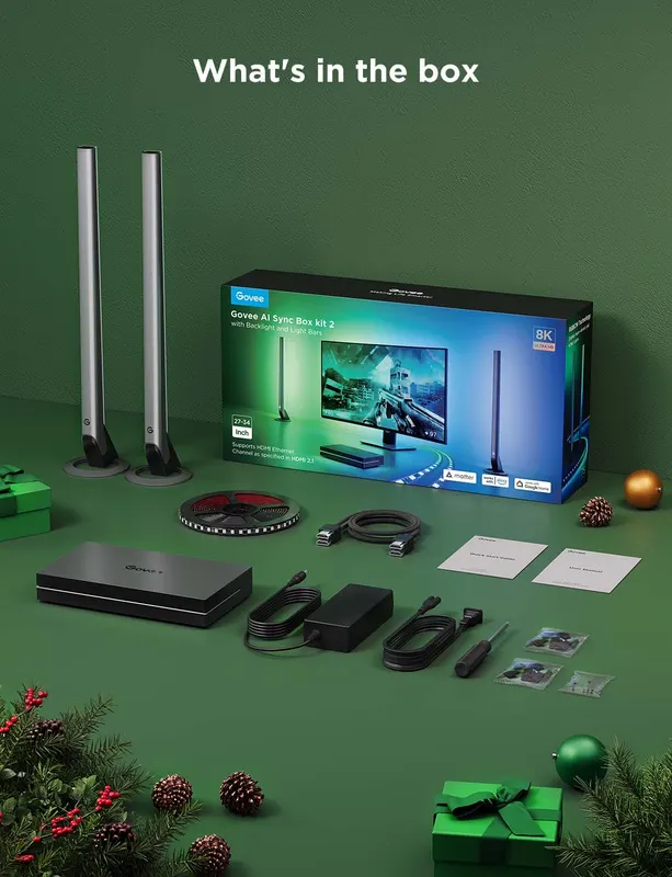 Govee HDMI 2.1 Sync Box Kit 2 RGB підсвітка для монітора 27–34″, Lightbar + LED-стрічка, 8K60 / 4K144, Ambilight для ПК і консолей