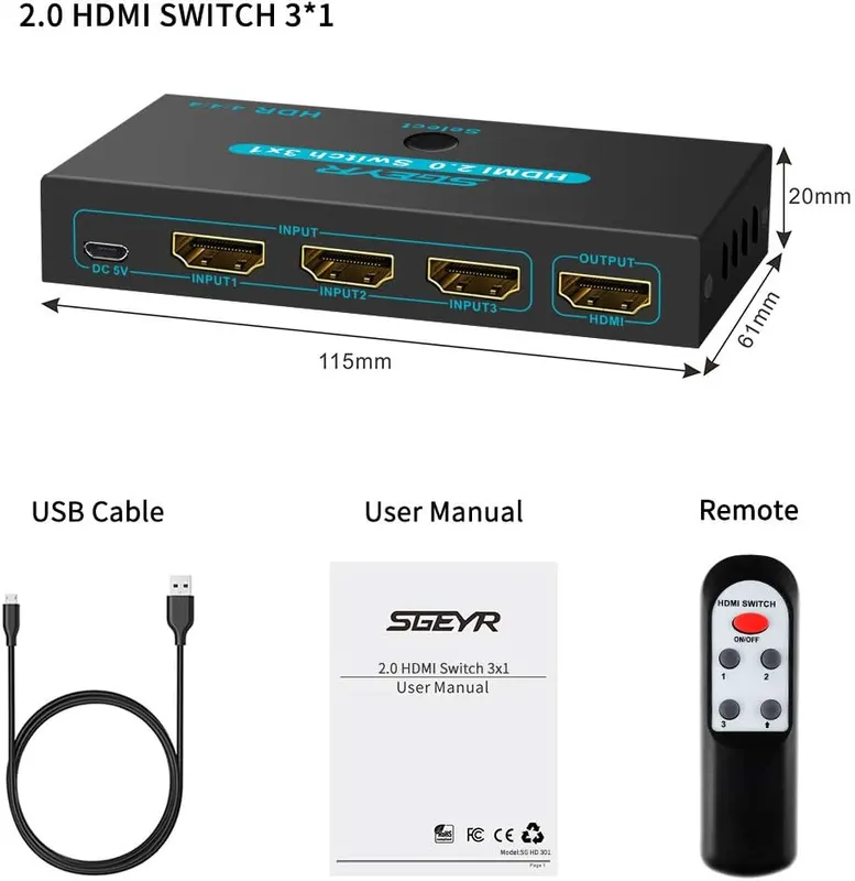 HDMI-перемикач SGEYR 3x1, 4K@60Hz, ІК-пульт, HDMI 2.0, HDCP 2.2, 3D, 2160P, 1080P, чорний