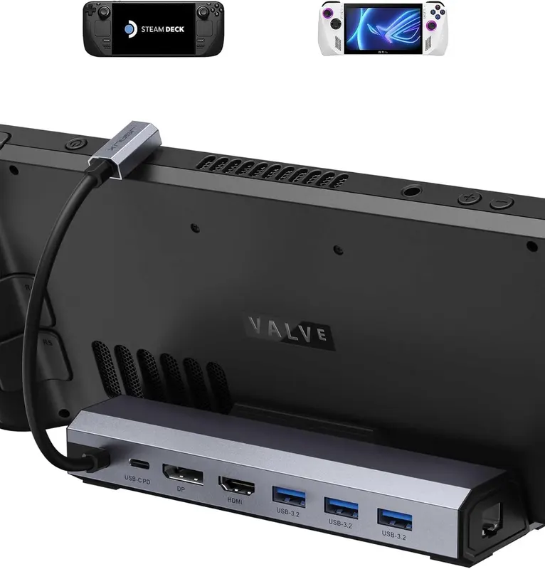 Steam Deck Docking Station HB0702 — 7-в-1 з HDMI 4K@60Hz, DisplayPort, Ethernet, 3x USB-A 3.2, USB-C 100W для Steam Deck та ROG Al