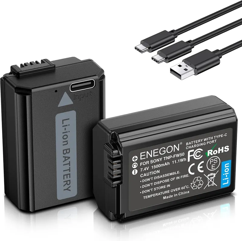 Акумулятори ENEGON NP-FW50 (2x1500мАч) USB-C, для камер Sony ZV-E10, A6000, A6400, A7, A7II, A7R, A7S