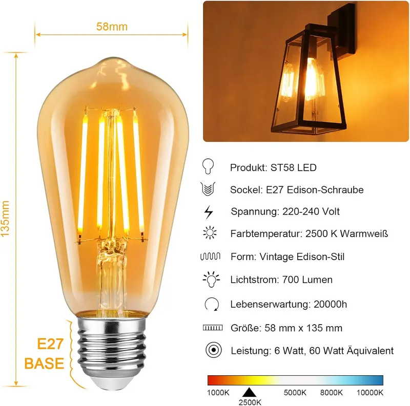 Винтажные LED лампы Defurhome E27 ST58 (5 шт), 6W (60W), 700лм, Теплый Белый 2500K, филаментные