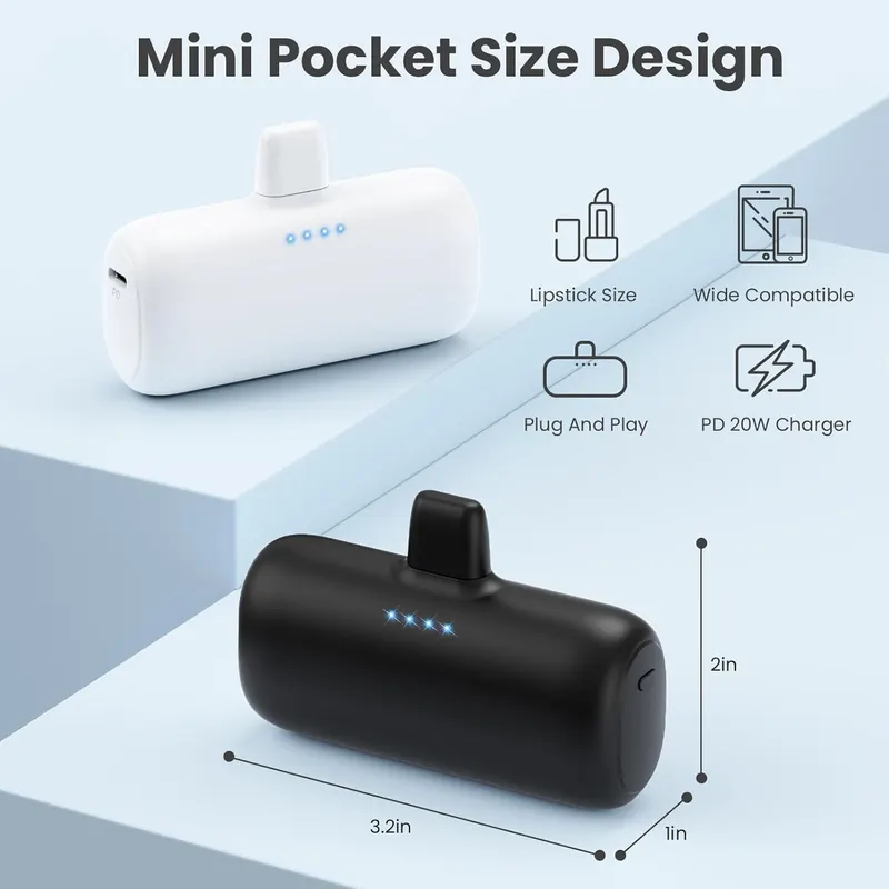 Міні Повербанк 5200мАг для iPhone, Компактний PD, Plug-in, Вбудований конектор, Чорний
