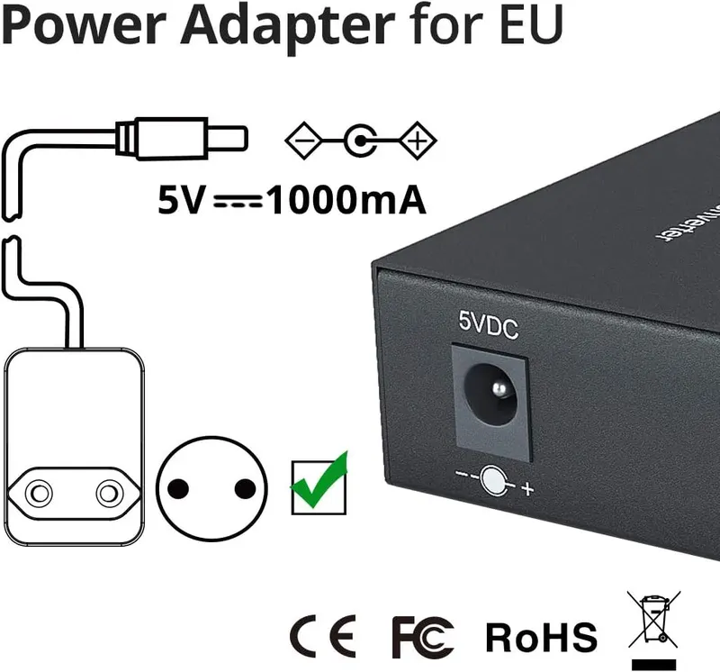 10Gtek® Gigabit Media Converter, 10/100/1000Base-Tx to 1000Base-LX single-mode SC fiber, up to 20KM,With an European-standard power adapter