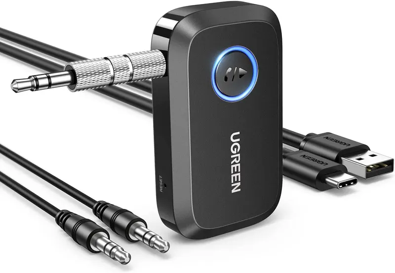 UGREEN Bluetooth 5.4 Adapter for Car, Receiver for Car/Home Stereo/Speaker/Wired Headphones, Handsfree Call, Dual Device Connection, 15 Hour Playtime