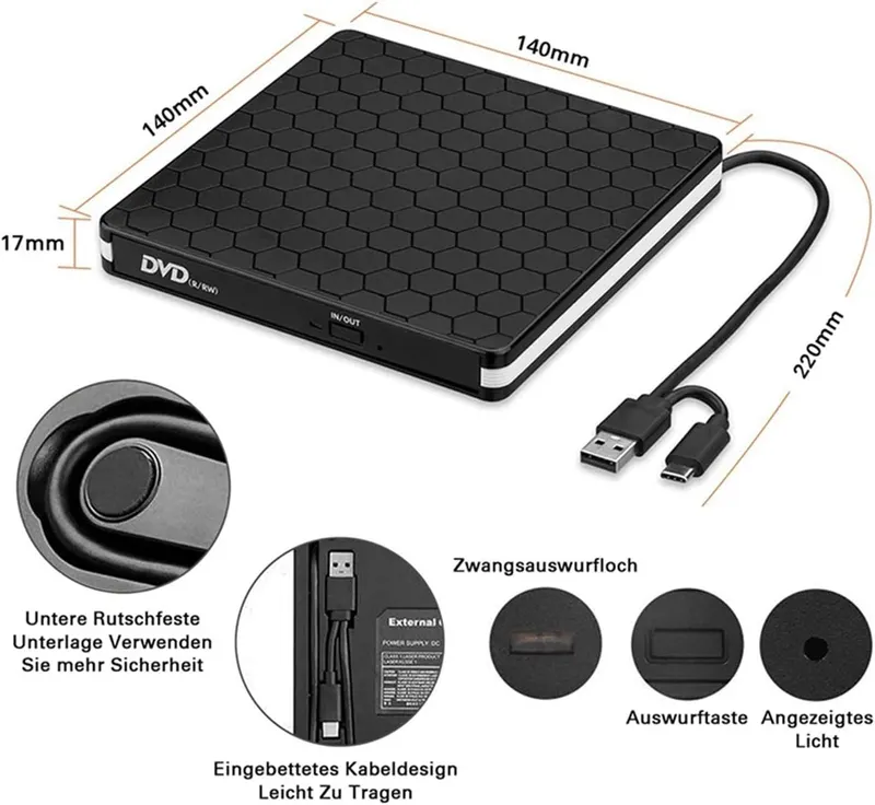 Внешний CD/DVD привод (Дисковод) USB 3.0 + Type-C, Портативный, Универсальный