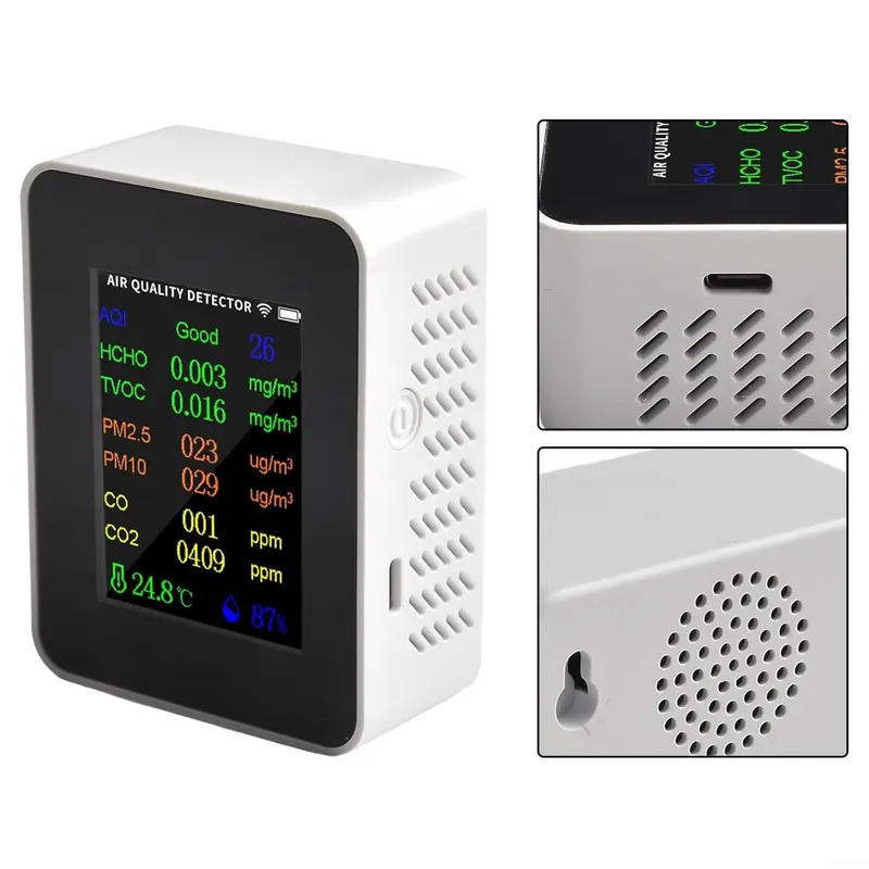 Аналізатор якості повітря 9-в-1 (CO2, PM2.5, HCHO, TVOC), Портативний детектор, Чорний