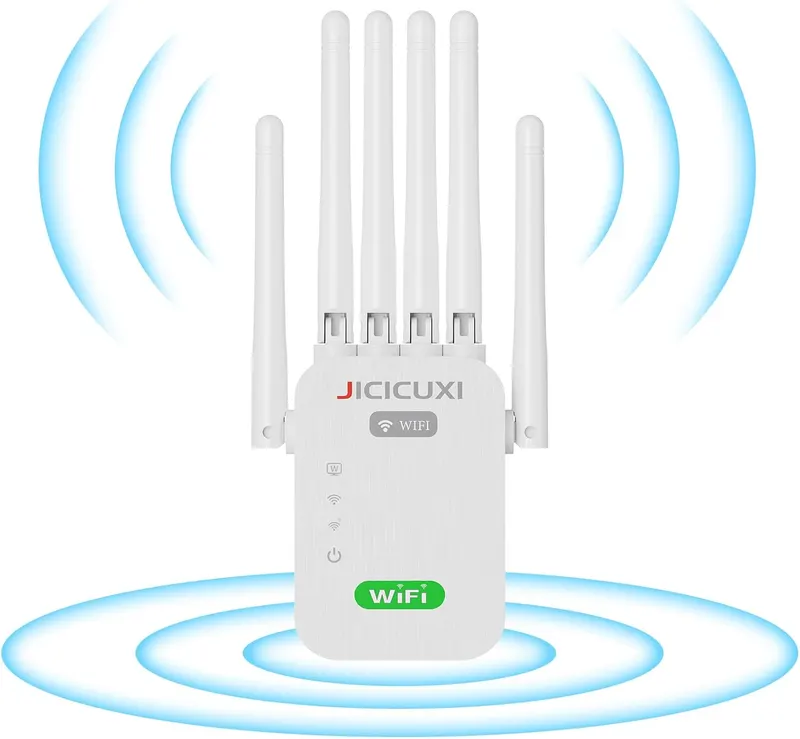 WLAN Amplifier, WiFi Repeater with 6 Antennas, 5,000 m² Coverage & 50 Devices, LAN Port, Access Point Mode, White