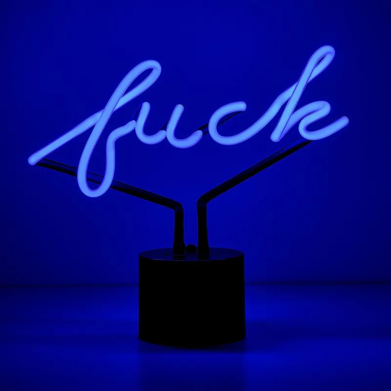 Amped & Co Neon FUCK Desk Light - Real Neon Glows Blue, Hand-Crafted Glass, Large 9"x11.5", Black Base With Silicone Pad