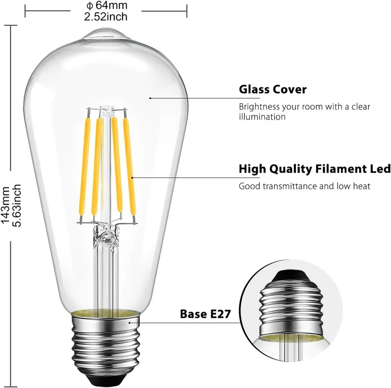 Набор филаментных LED ламп E27 ST64 6.5W (Винтаж Эдисона), 6 шт, Теплый свет 2700K
