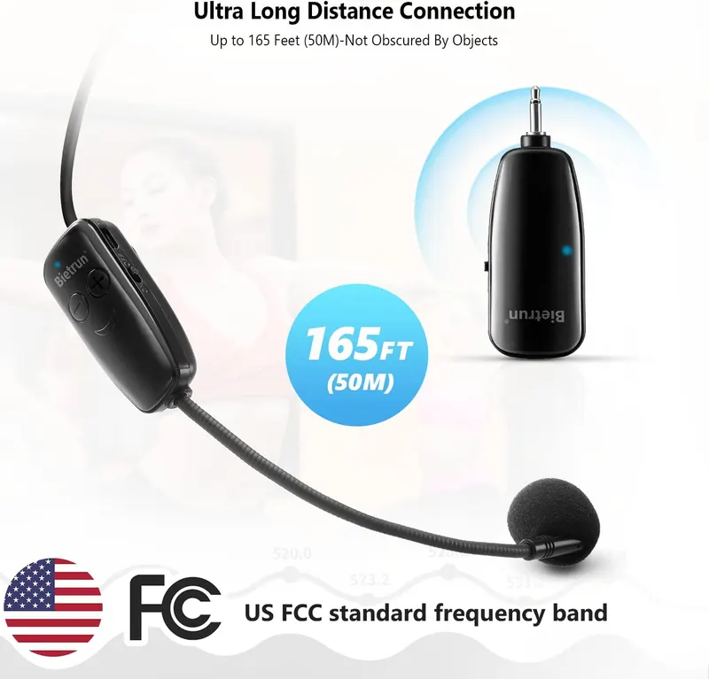 Bietrun Wireless Microphone Headset, UHF Wireless Headset Mic System, 160ft Range,1/8'' and 1/4'' Plug, for Speakers, Voice Amplifier, PA System