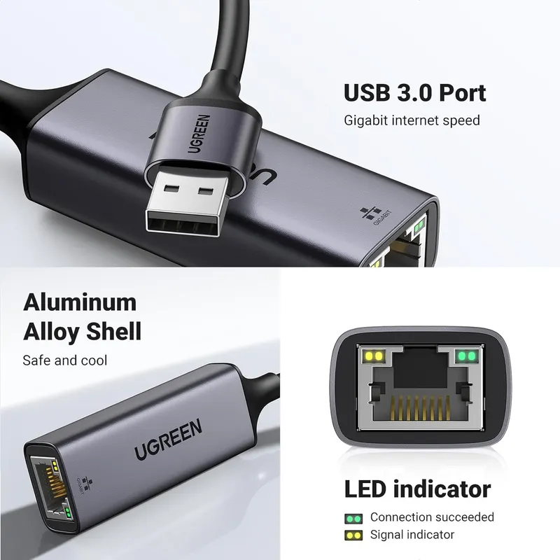 Сетевой адаптер Ugreen USB-A to Gigabit Ethernet RJ45, LAN 1000 Мбит/с, алюминиевый корпус, серый