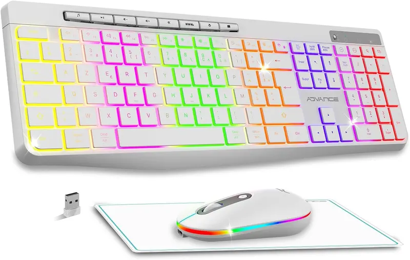 Беспроводной комплект Клавиатура + Мышь AD Advance (RGB подсветка), Тихий, Перезаряжаемый