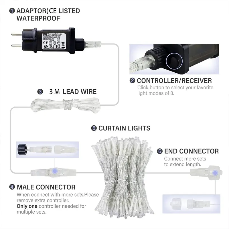 Гірлянда-штора вулична/домашня 3x3 метри (300 LED), Холодне біле, Що з'єднується