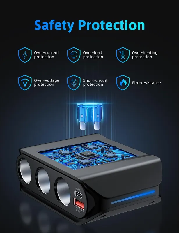 Розгалужувач прикурювача 7-в-1 (180W), USB-C PD 30W + QC 3.0, Вольтметр, Вимикачі