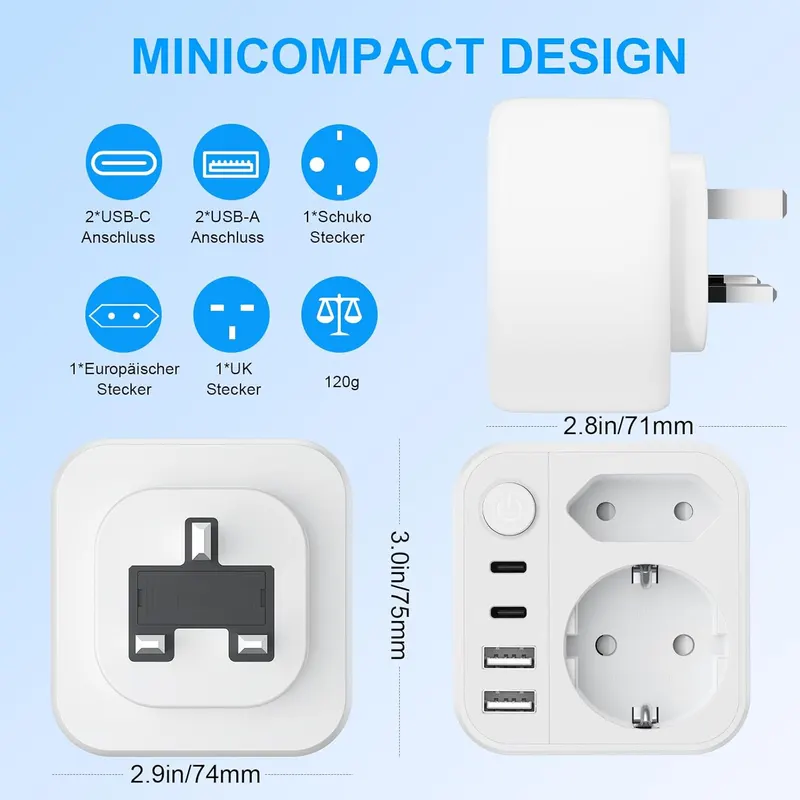 Адаптер для путешествий (UK Adapter): Европа -> Великобритания, 4 USB (2xType-C), Белый