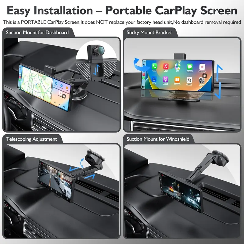 Портативный авто-экран 10.26" (4K DVR + 1080P Cam), Wireless CarPlay/Android Auto