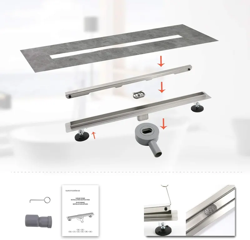 70 cm Linear Shower Drain, Narrow Panel Shower Drain with 360°Siphon, Brushed 304 Stainless Steel Linear Drain with Leveling Feet