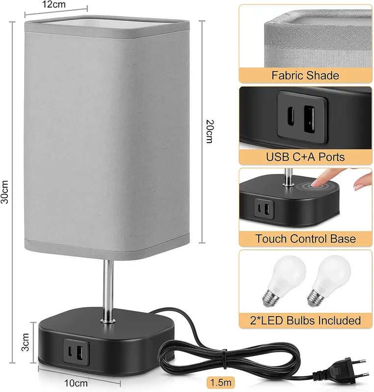 Настольная сенсорная лампа с USB-портами зарядки Без бренду, Серый абажур (Диммируемая)