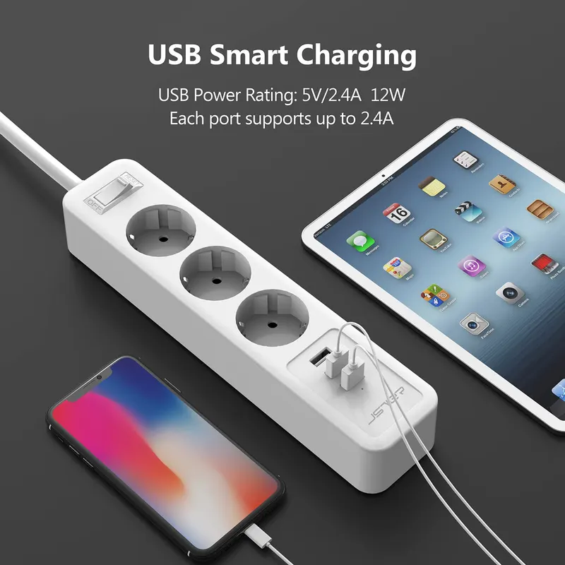Сетевой фильтр удлинитель JSVER 3 розетки 3 USB защита перенапряжения кабель 2м умный блок