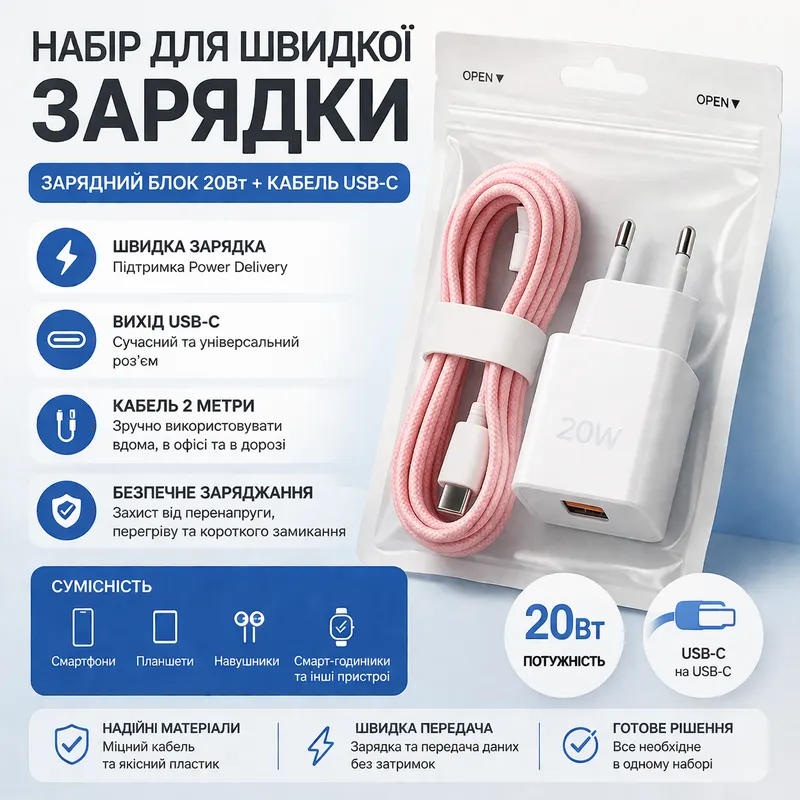 Зарядное устройство 20W Power Delivery USB C блок и кабель Type C 2м быстрый