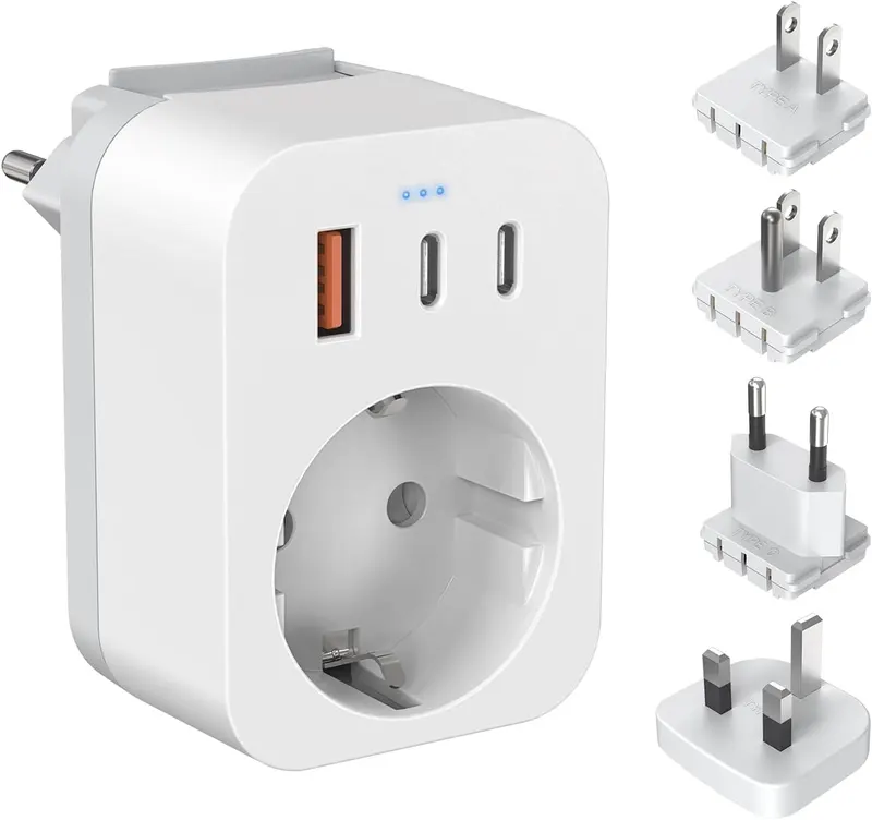 International Travel Adapter with 3 USB, 2 Type C PD 20W, 4 Removable Adapters for USA, Europe, England, Thailand, Japan, China