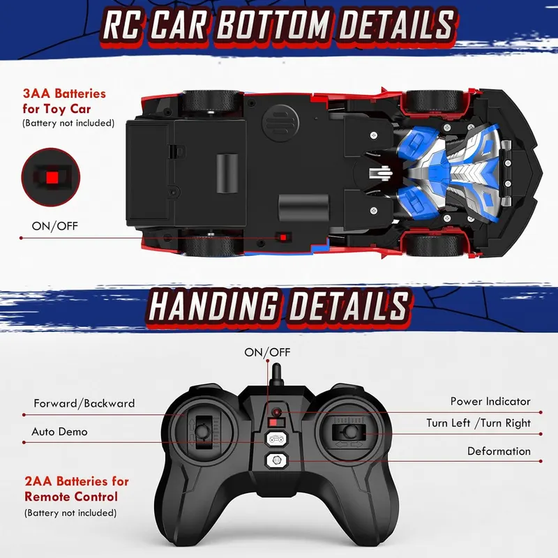 Remote Control Car for Boys 8-12 4-7, 2.4GHz RC Car 1:18 Scale, One-Button Transforming Toy with 360° Spins, LED Lights