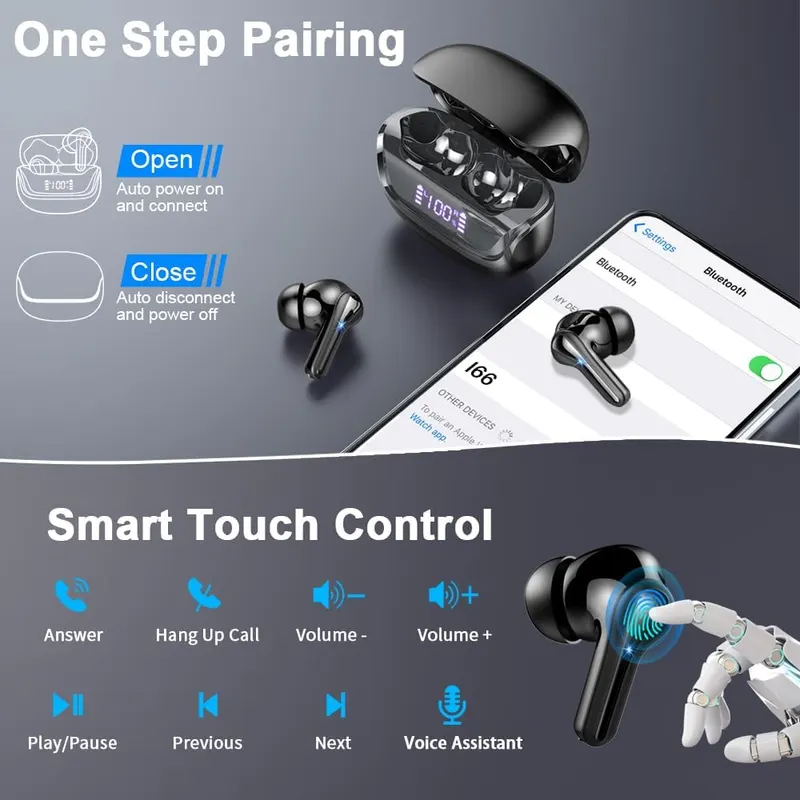 Навушники TWS, Bluetooth 5.4, 4 мікрофони ENC, Hi-Fi стерео, 45 год, LED-дисплей, IP7