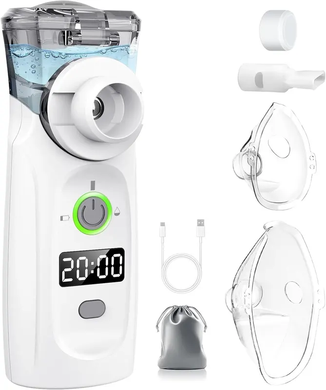 MILFECH Inhaler Portable Nebuliser Set with USB Rechargeable, Timer and Display, Inhaler Nebulized Masks and Mouthpiece for Children and Adults (Grey