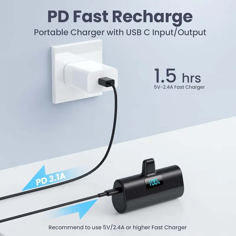 Мини-повербанк HETP для iPhone 5200мАч, PD 20Вт, встроенный Lightning, компактный