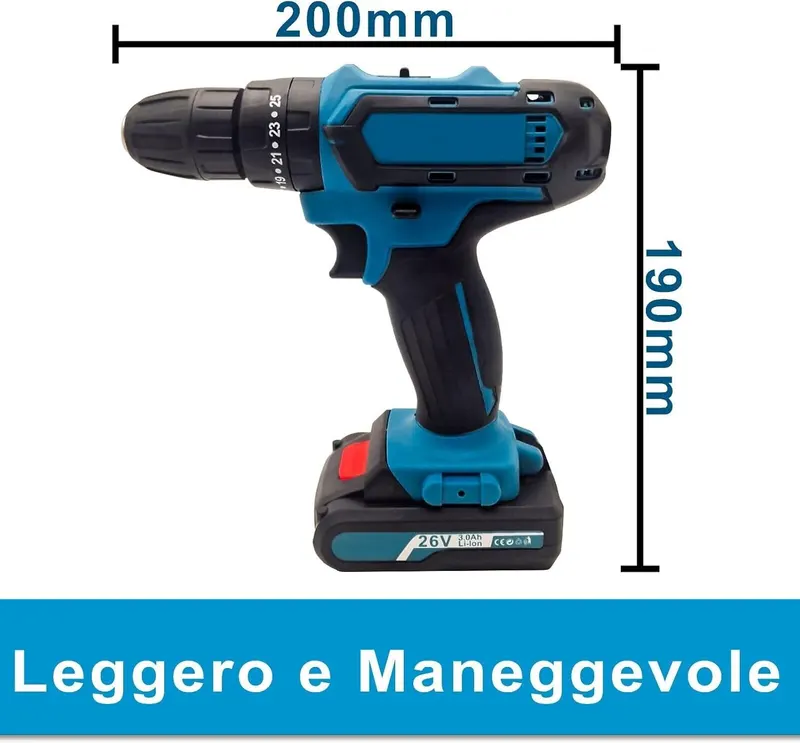 Electric Impact Drill 26 V, Power 15 W x2 Lithium Batteries, Accessories Case, Black/Blue, for DIY