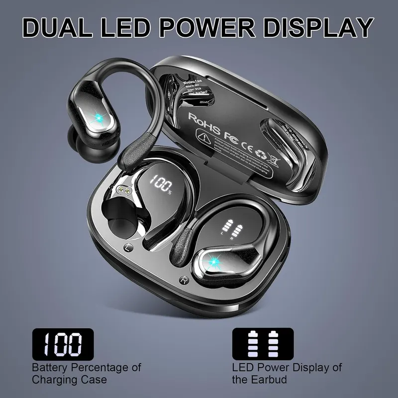 Навушники Rulefiss S05-0785 Sport (Чорні), 75г, Bluetooth 5.4, 4-ENC, IP7, LED-дисплей, з завушинами