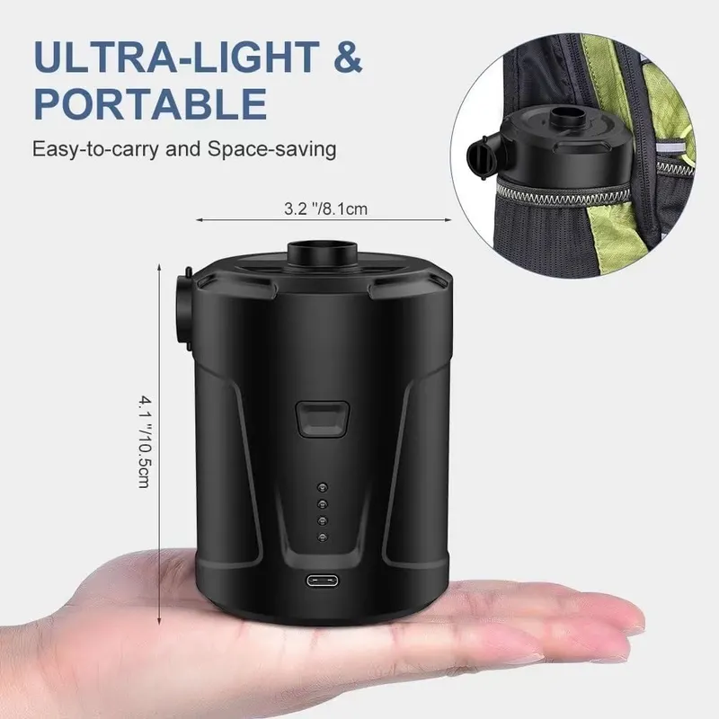 Електричний насос 5200mAh (USB-C), портативний, для матраців, басейнів, з 3 насадками