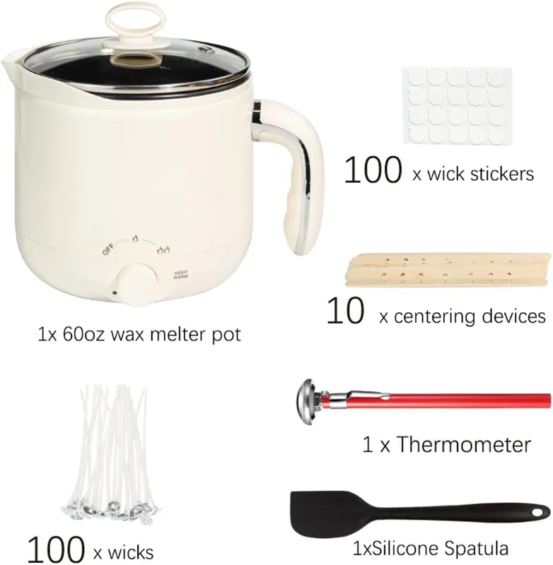 Wax Melter for Candle Making Non-stick and Keep Warm 1.8L Large Electric Wax Melting Pot with Pouring Spout - Wicks, Wick Stickers, Centering Device, Spoon, Candle Making Supplies
