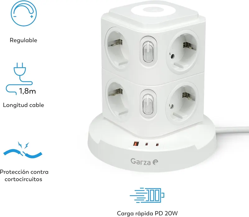 Сетевой фильтр-башня (Tower) 11-в-1: 8 розеток + USB-C PD 20W + Ночник