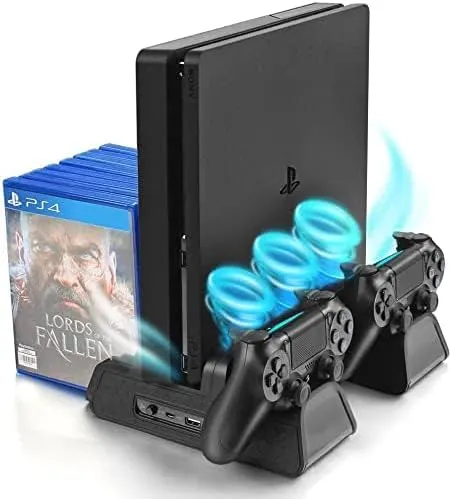 Vertical Stand for PS4/PS4 Slim/PS4 Pro – Cooling Fan with PS4 Charger Controller Charging Station with Game Storage (Black)