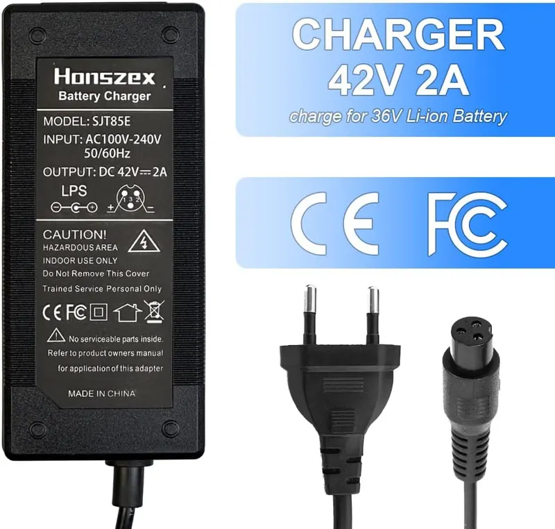 42V 2A Hoverboard Charger, Universal 36V Lithium Battery Power Adapter, 8mm 3 Prong Connector, Electric Scooters, Balance Bikes, E-bikes