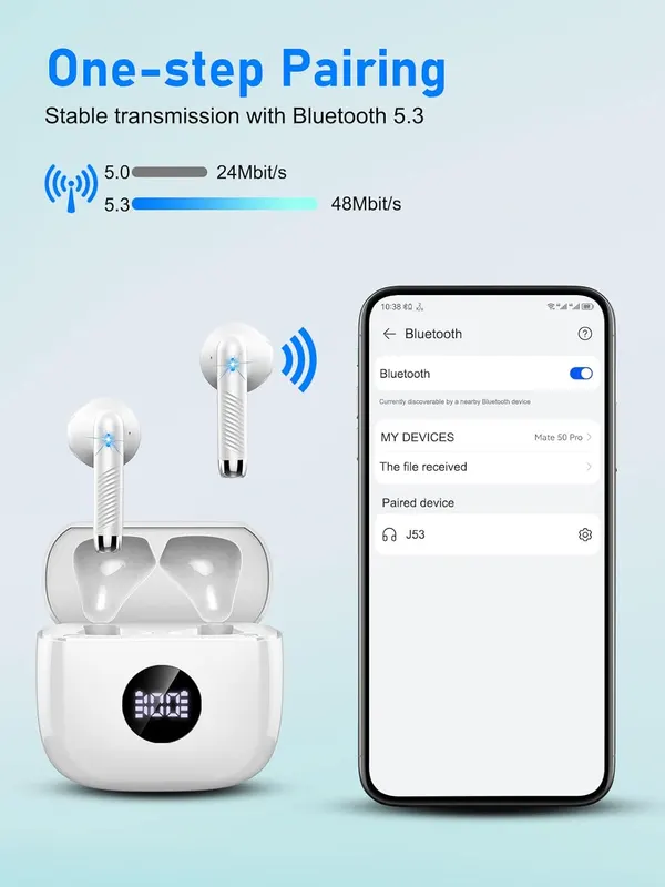 Беспроводные наушники Bluetooth 5.3 Без бренду (ENC, 40 ч, IP7), С LED дисплеем, Жемчужные